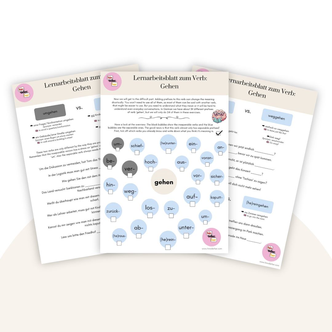 24 pages German Worksheet PDF: 'gehen' with Prefixes