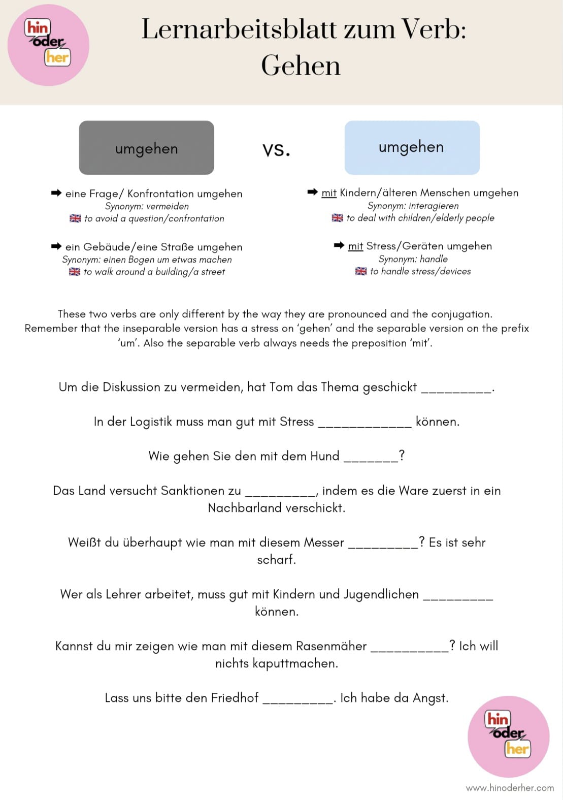 24 pages German Worksheet PDF: 'gehen' with Prefixes