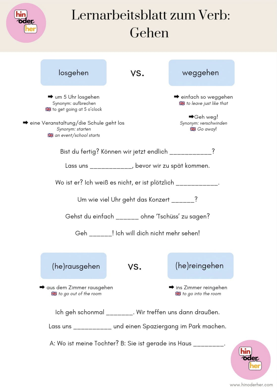 24 pages German Worksheet PDF: 'gehen' with Prefixes